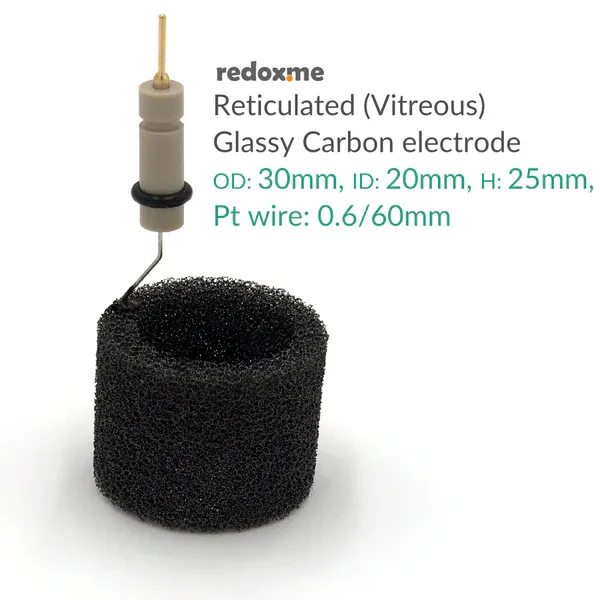 Reticulated Glassy (Vitreous) Carbon electrode - OD: 30mm, ID: 20mm, H: 25mm, Pt wire 0.6/60mm
