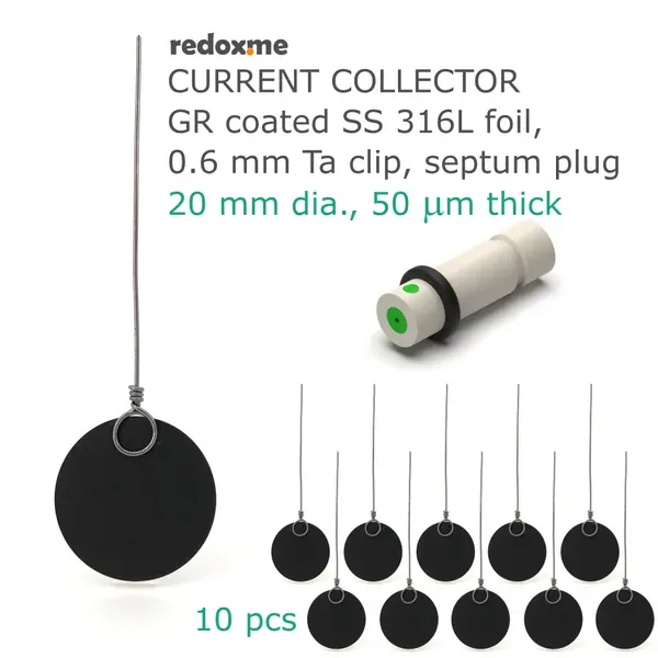 Current Collector - Graphite coated Stainless Steel 316L foil with Tantalum clip and septum plug